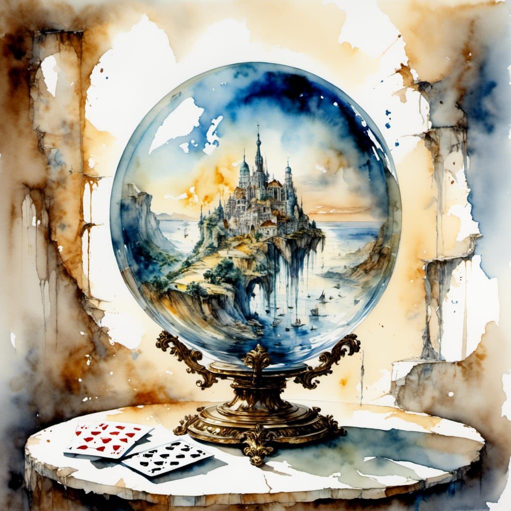 Glass Sphere with Playing Cards in Surreal Watercolour