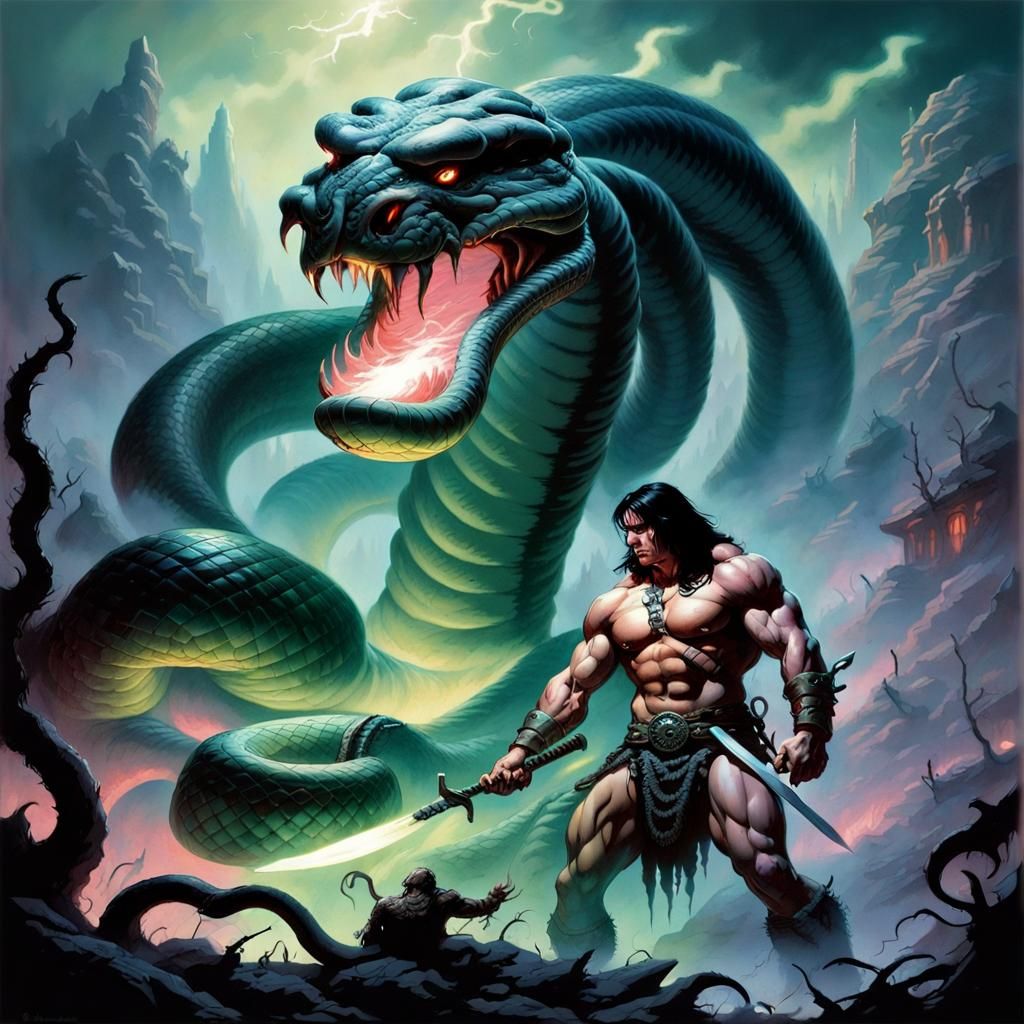 A gigantic snake wrapped around Conan the barbarian, Conan w...