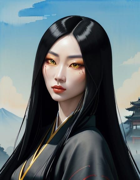 Mystical Asian Woman in Serene Medieval Village