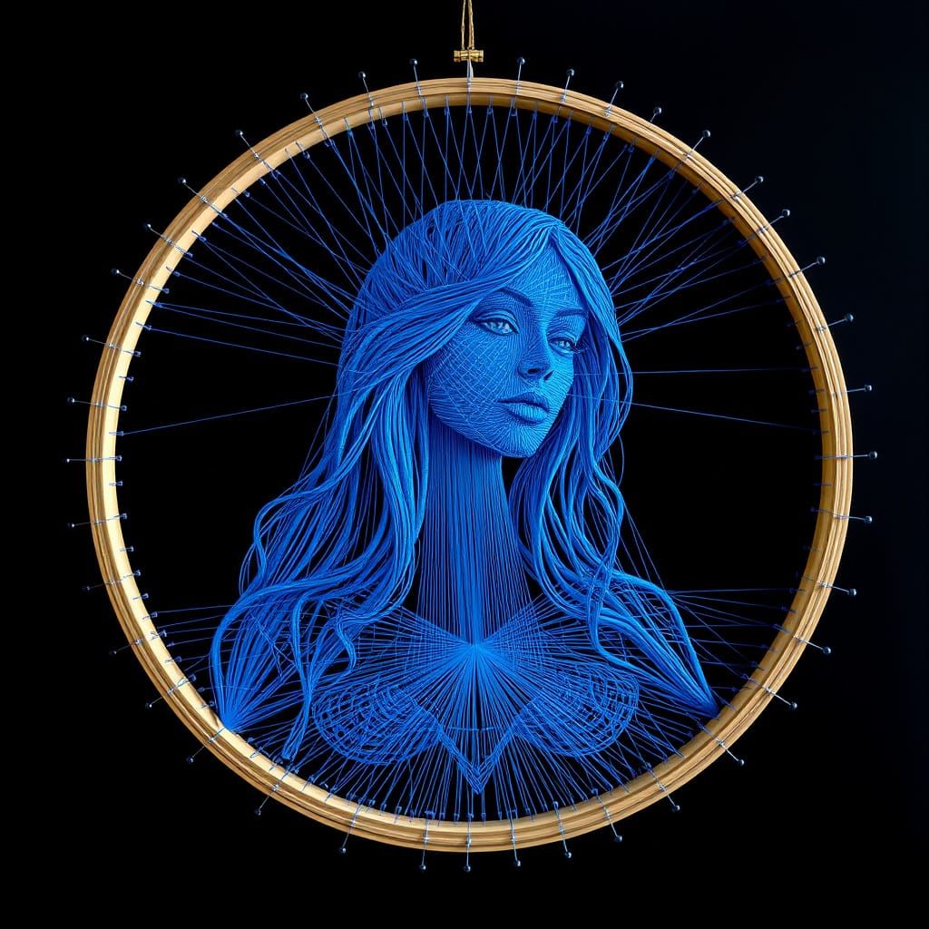 Blue String Art Portrait of a Woman