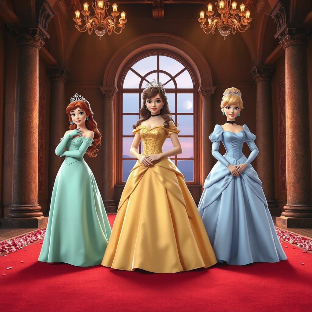 Disney Princesses Ariel, Belle, Cinderella in Castle Hall