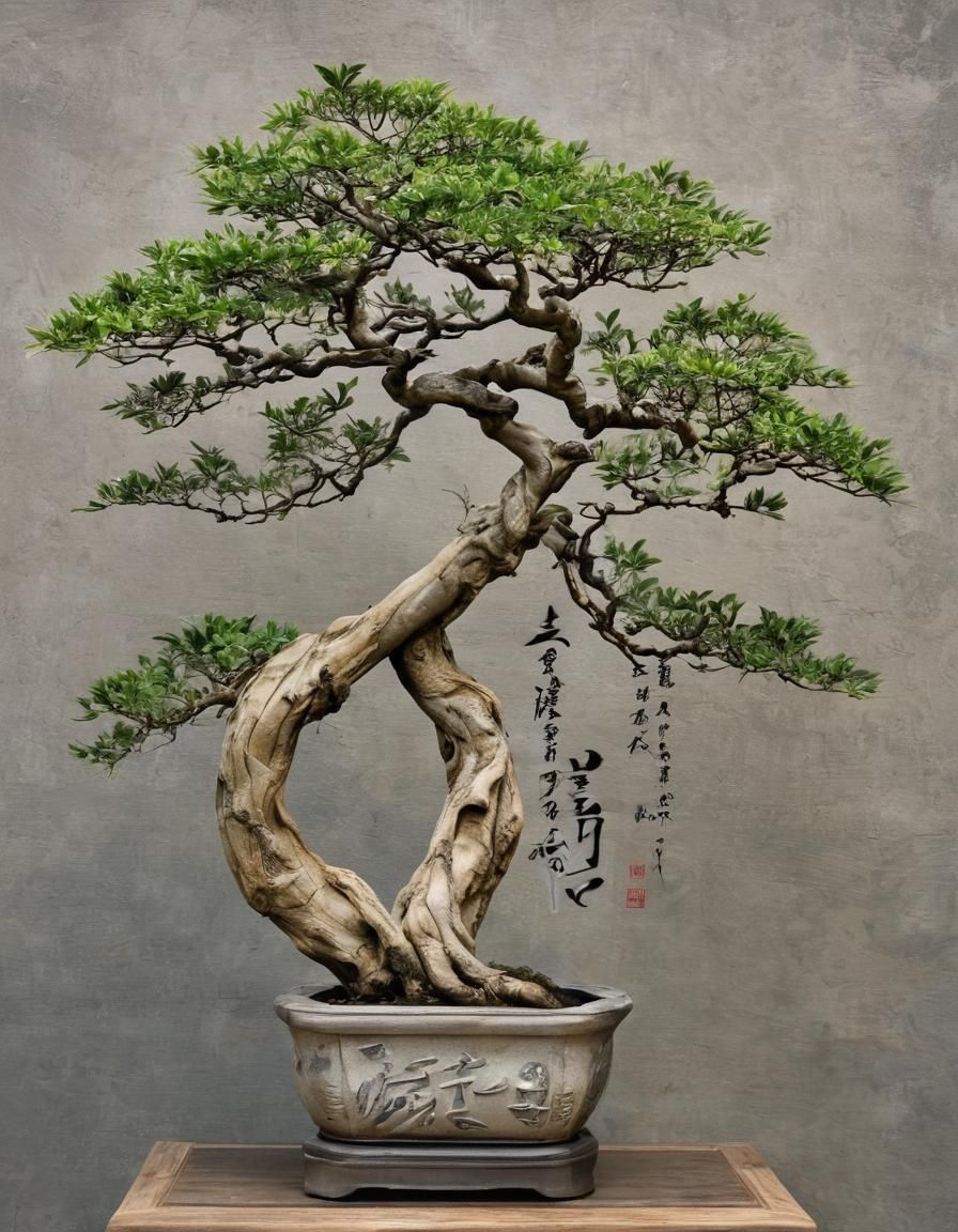 Elegant Bonsai Tree in Japanese Calligraphy Style