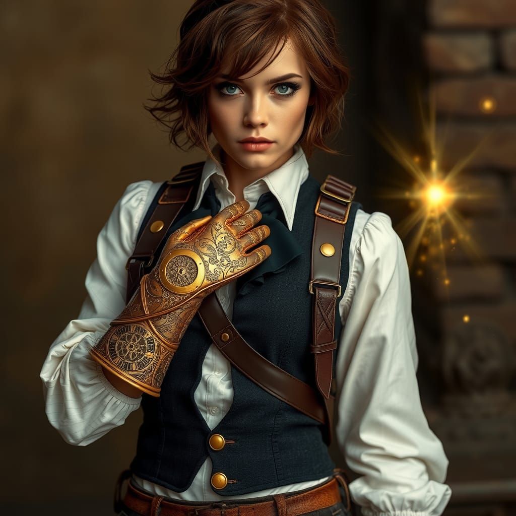 Steampunk Woman with Clockwork Glove in Victorian Style