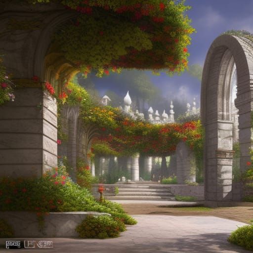 Fantastical Palace Garden with Stone Arches