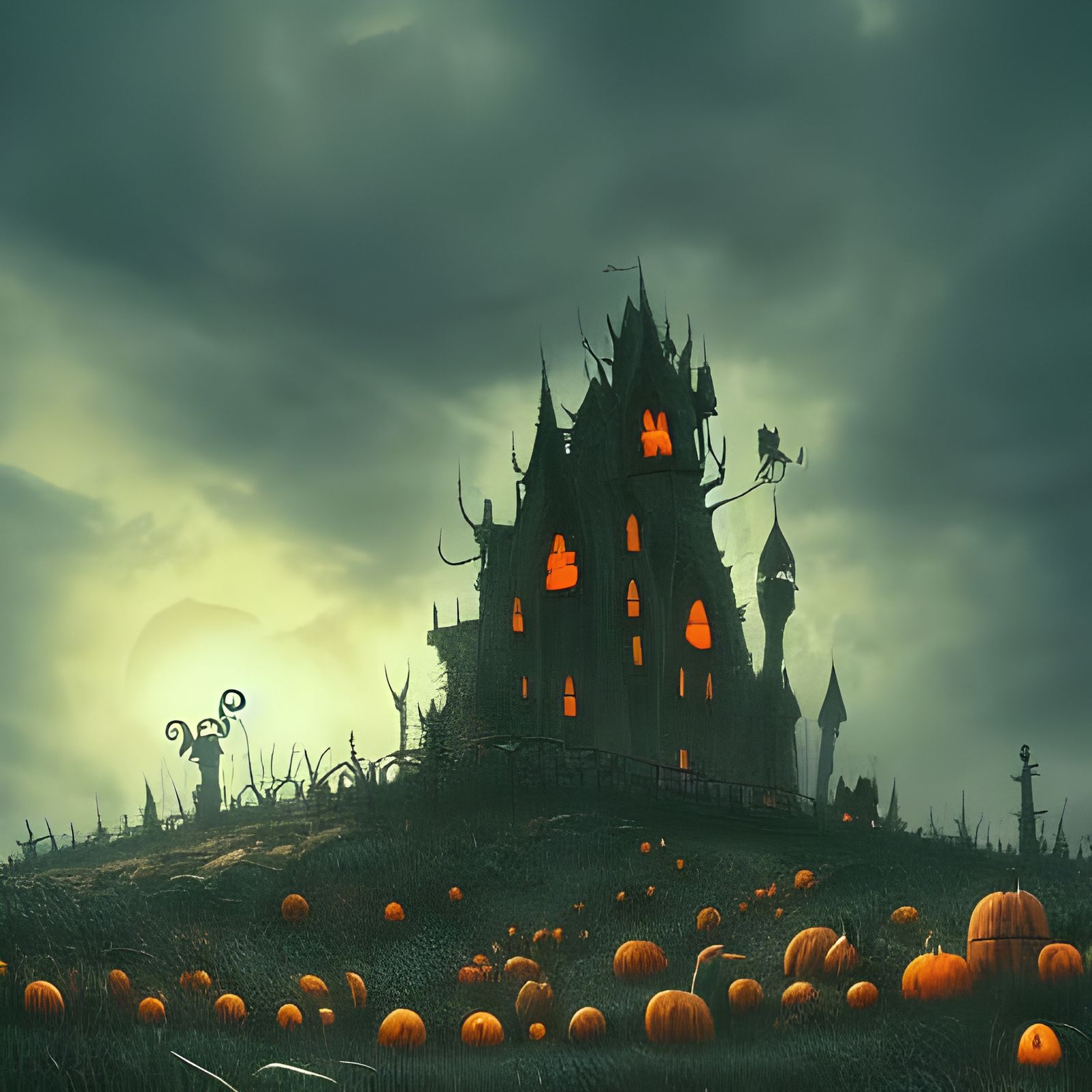 Spooky Pumpkin Field with Horror Castle, Digital Illustratio...