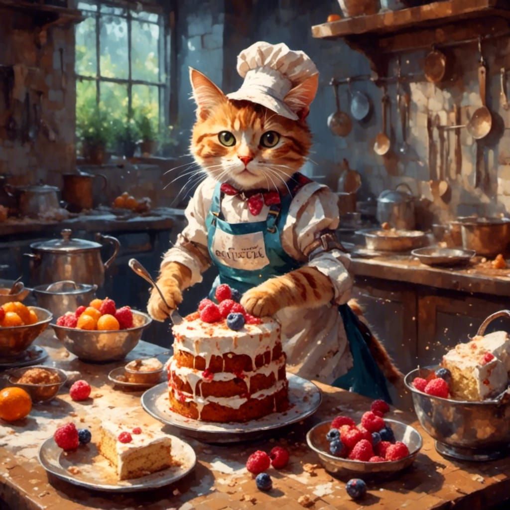Cat Baking Cake in Cute Fantasy Style