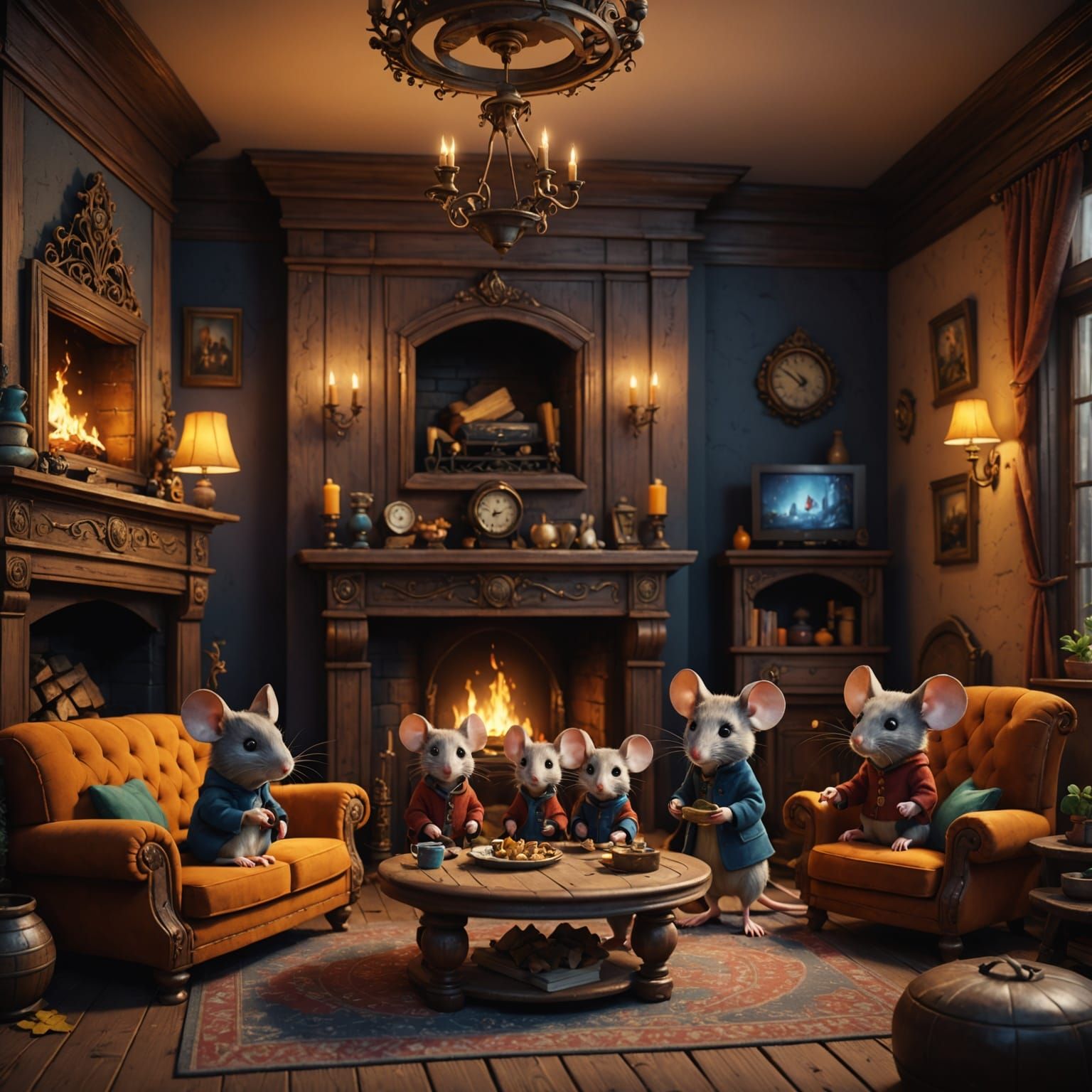Mouse Family in a Cozy Fantasy Home with Fireplace and TV