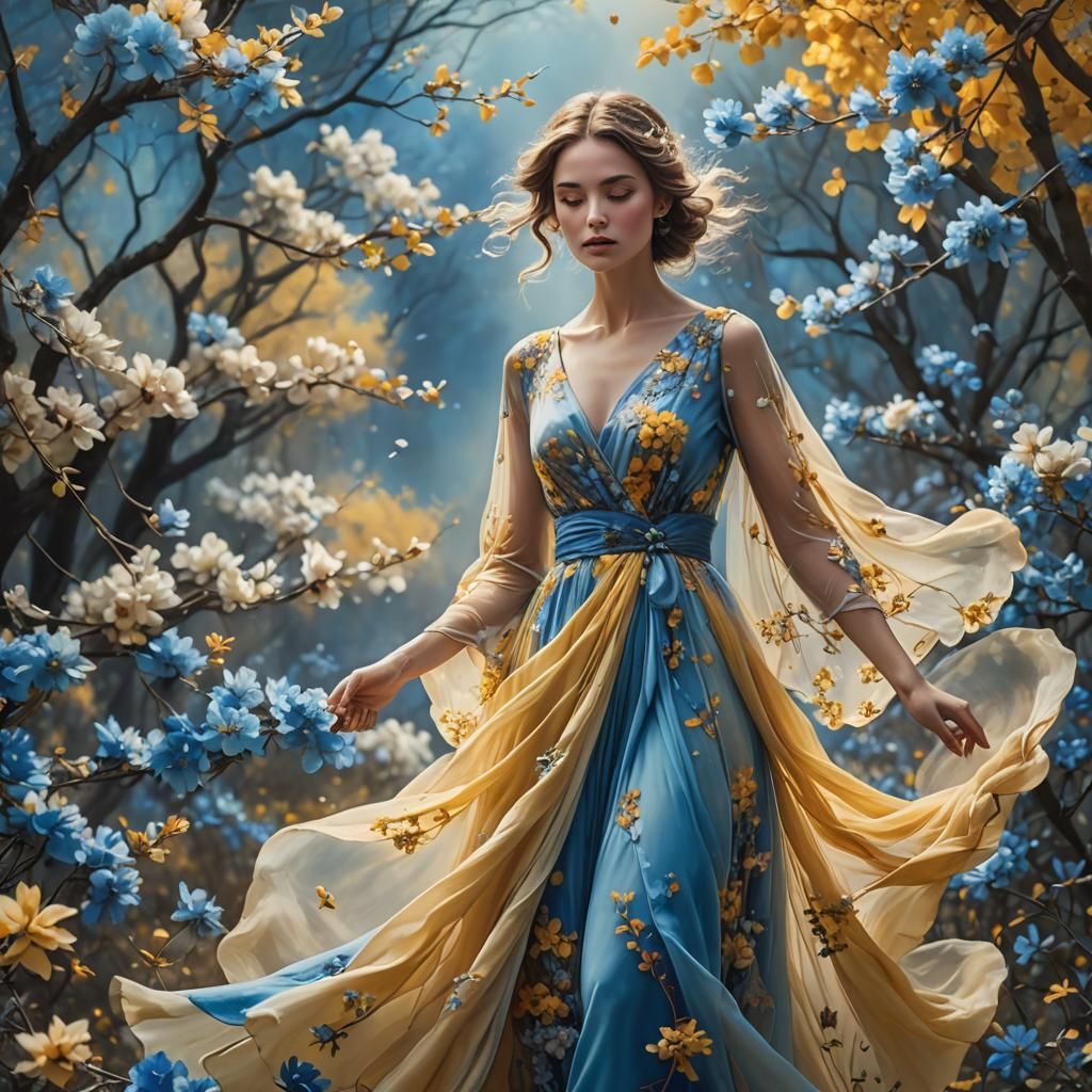 Woman in Blue Autumn Flowers: Digital Matte Painting