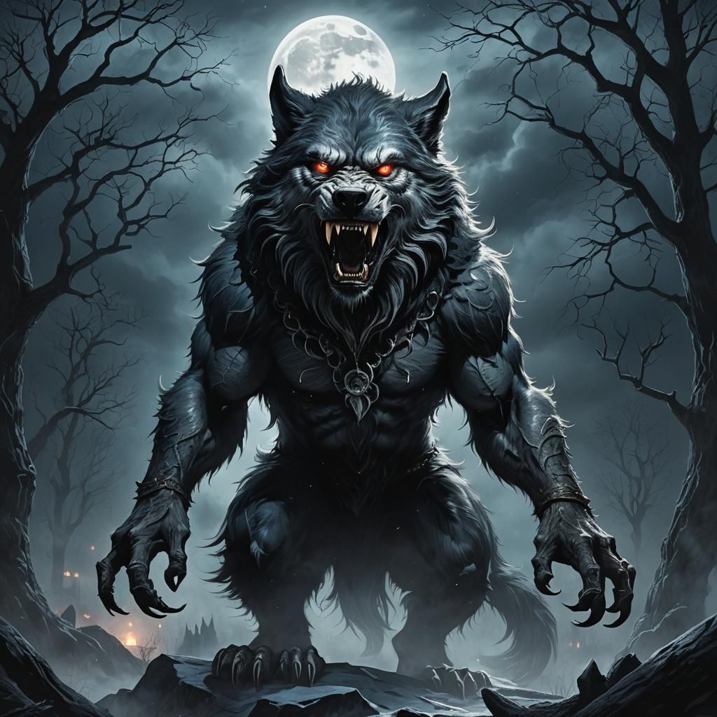 Werewolf Howling at Moon in Dark Fantasy Style