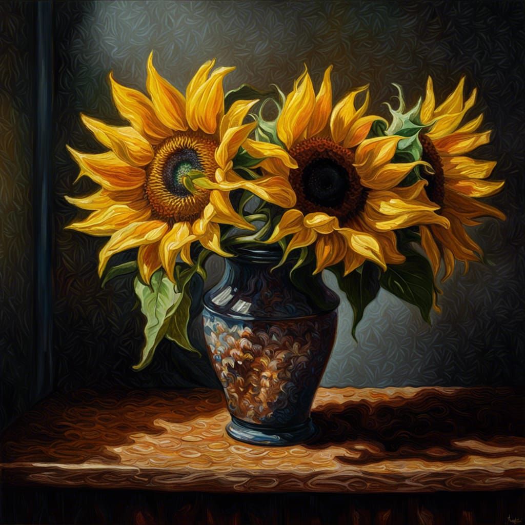 Impressionistic Sunflower in Vase: Oil Painting