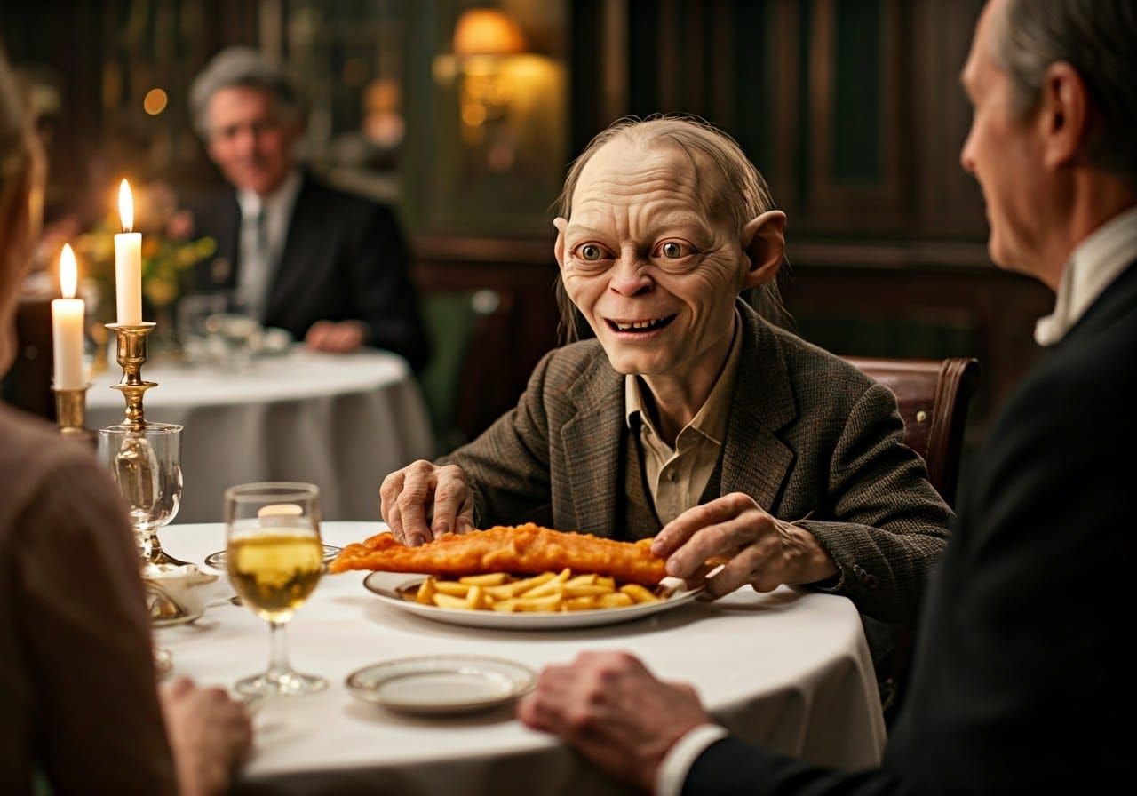 Gollum Savoring Fish Supper with Friends in Elegant Restaura...