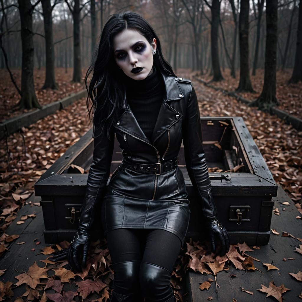 Goth Vampire Woman Sleeping in Coffin: Hyper-Realistic Photo