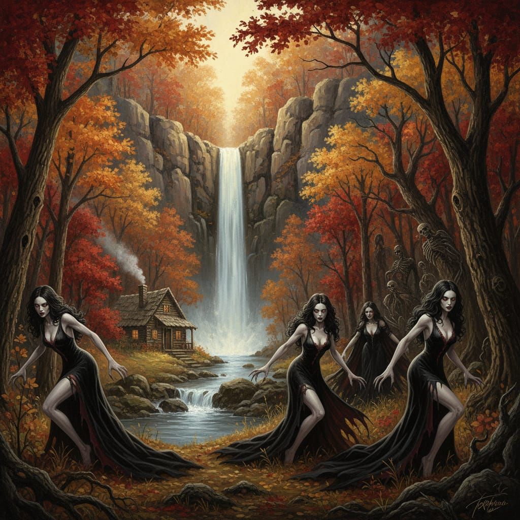 Vampiresses Hunt Near Autumn Waterfall