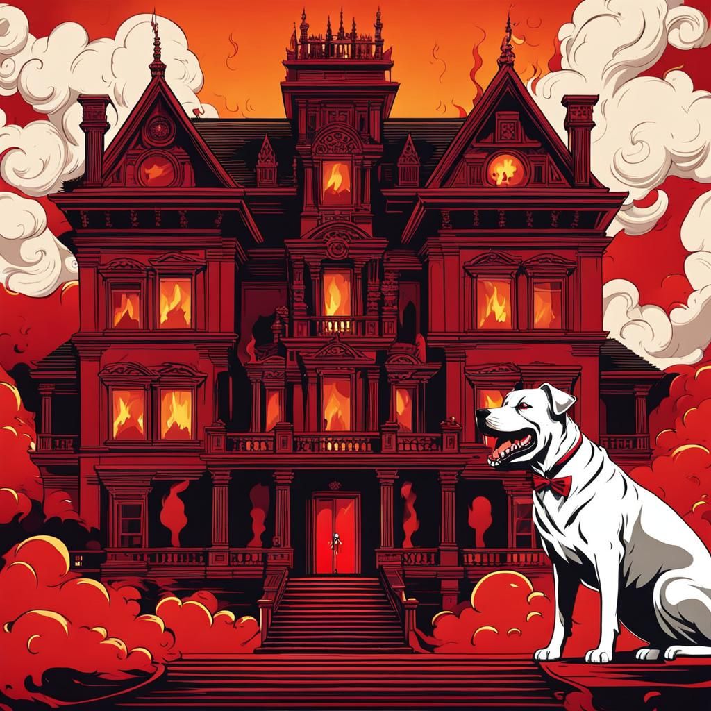 Rich Lady with Three-Headed Hellhound in Mansion