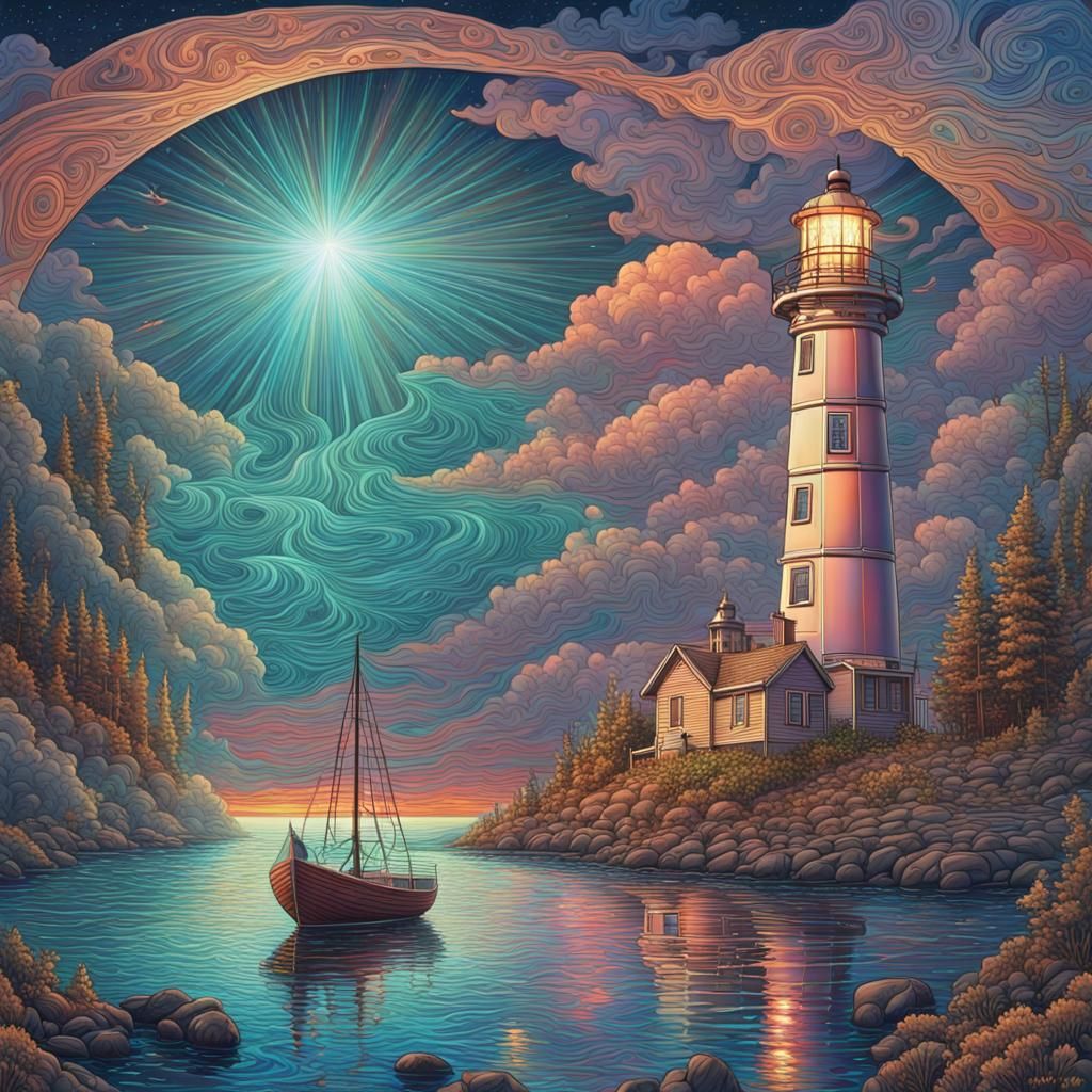 Holographic Lighthouse Scene in Psychedelic Style