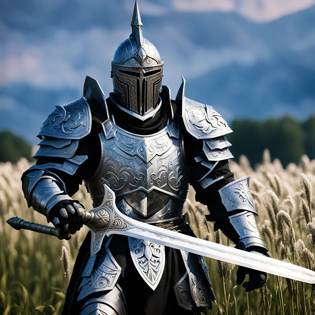 Fantasy Knight in Platinum Armor Holding Sword