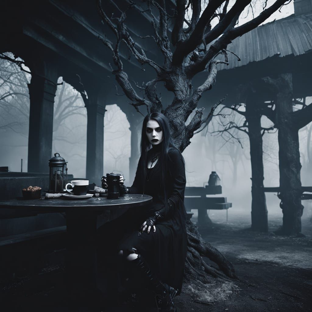 Eerie Goth Fashion in Dark Coffee Shop