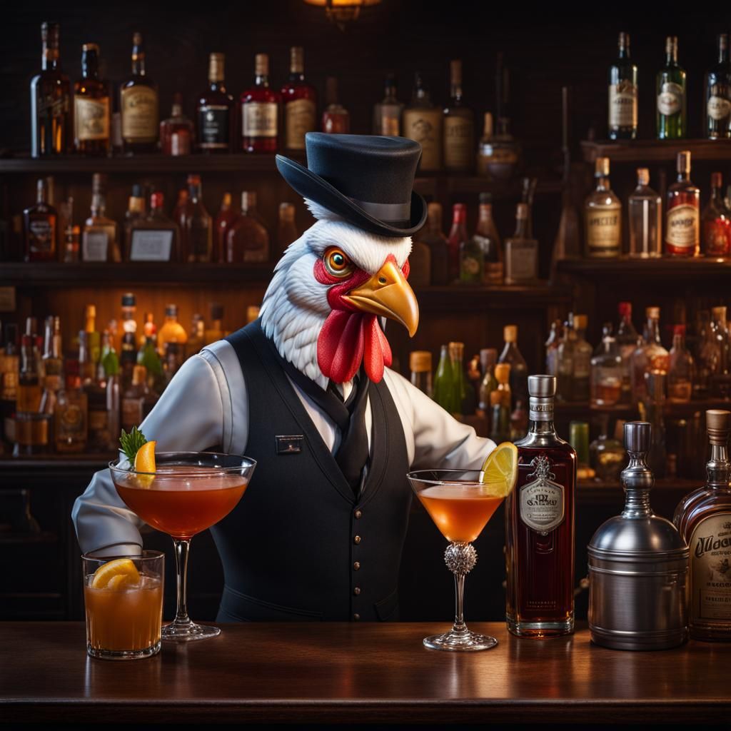 Anthropomorphic Chicken Bartender in Moody Mechanical Bar