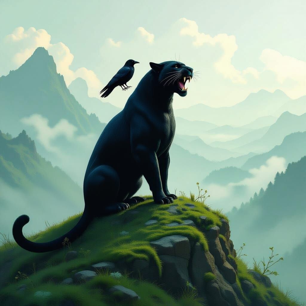 Panther Roars from Giant Hill with Crow Companion