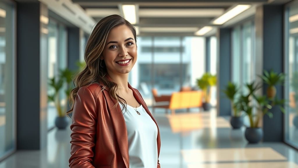 Happy Businesswoman in Modern Office, Cinematic Style