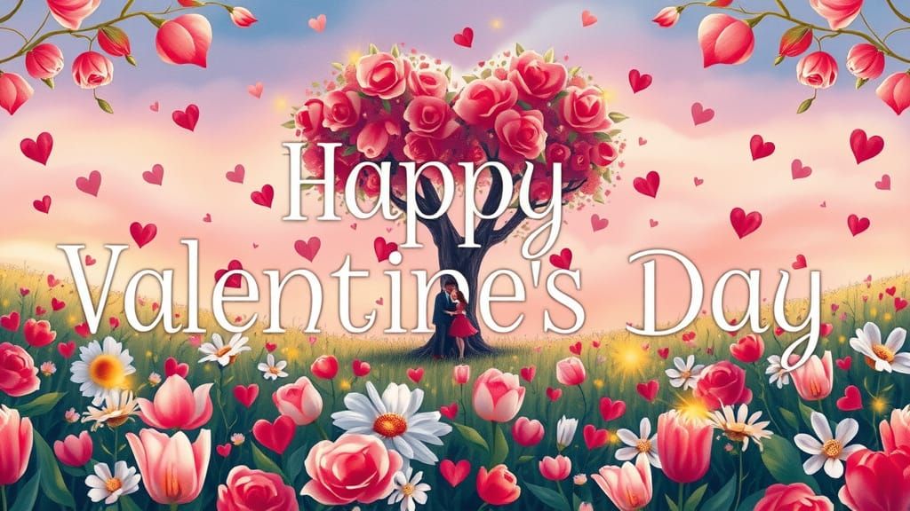 Romantic Floral Scene with Heart-Shaped Tree and Picnic Coup...