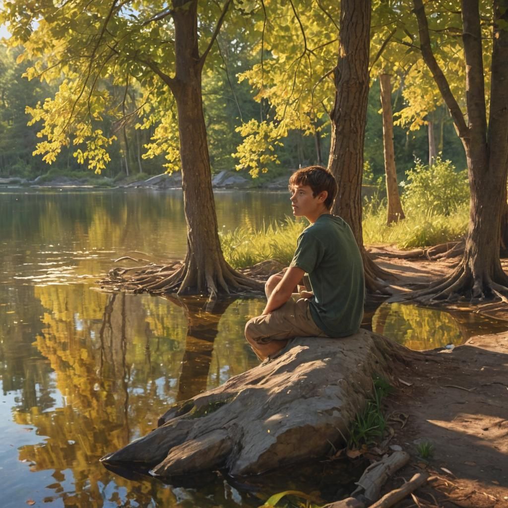 Boy Painting Lakeside: Fantasy Concept Art