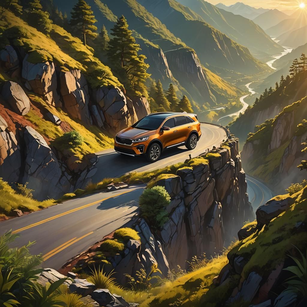 Kia Sorento on Mountain Road as Oil Painting