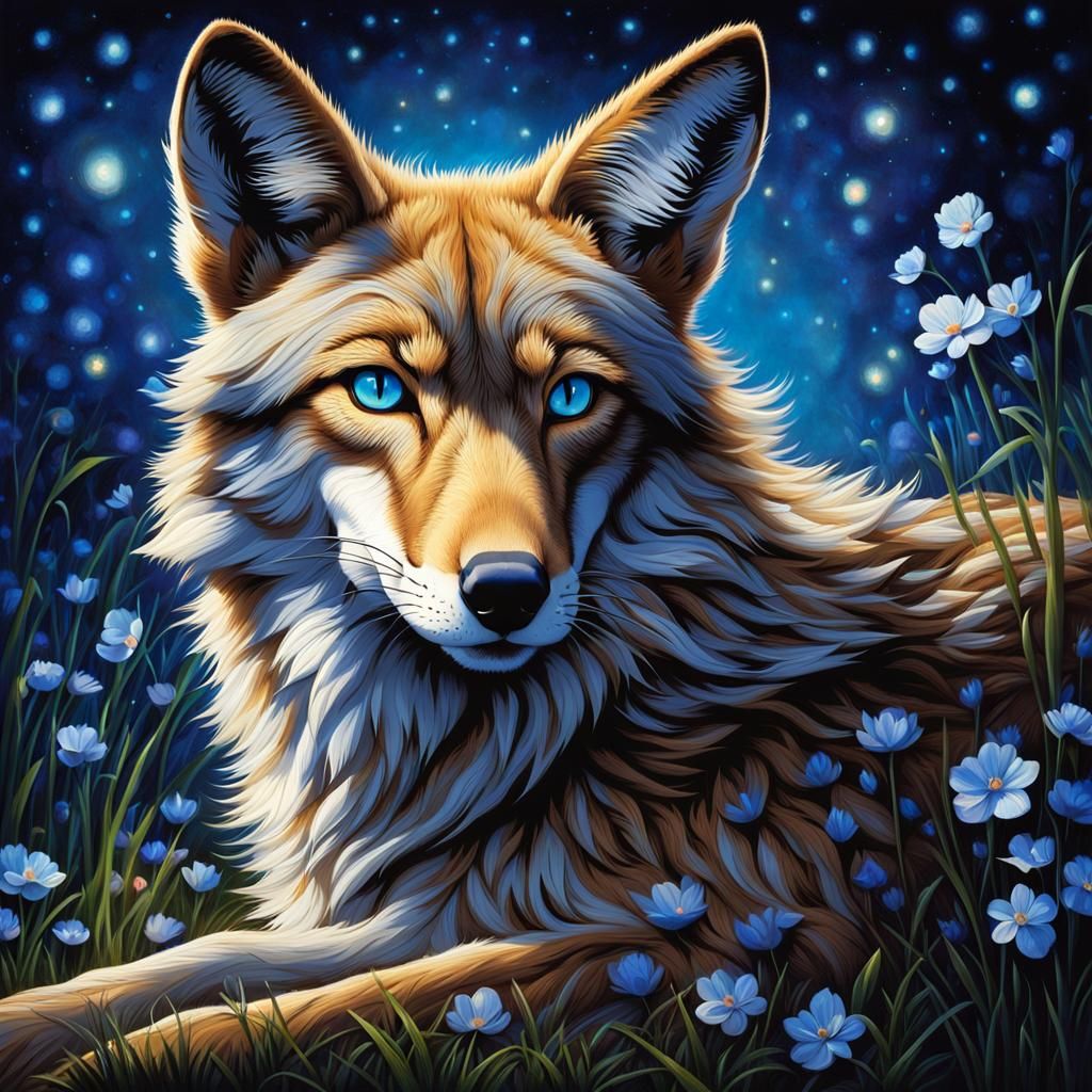 Charming Coyote Sprawled Under Sakura Sky