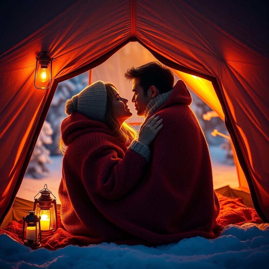 Romantic Winter Camping Scene in Hyperrealistic Style