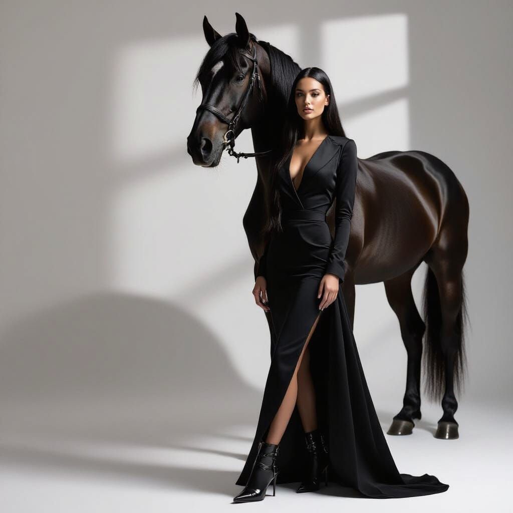 Stunning Woman in Black Fashion Beside Friesian Horse