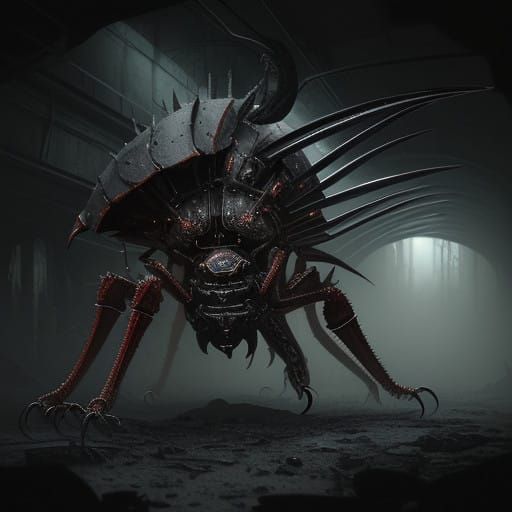 Gothic, Biomechanical Red Knell Beetle in Dark, Underground...