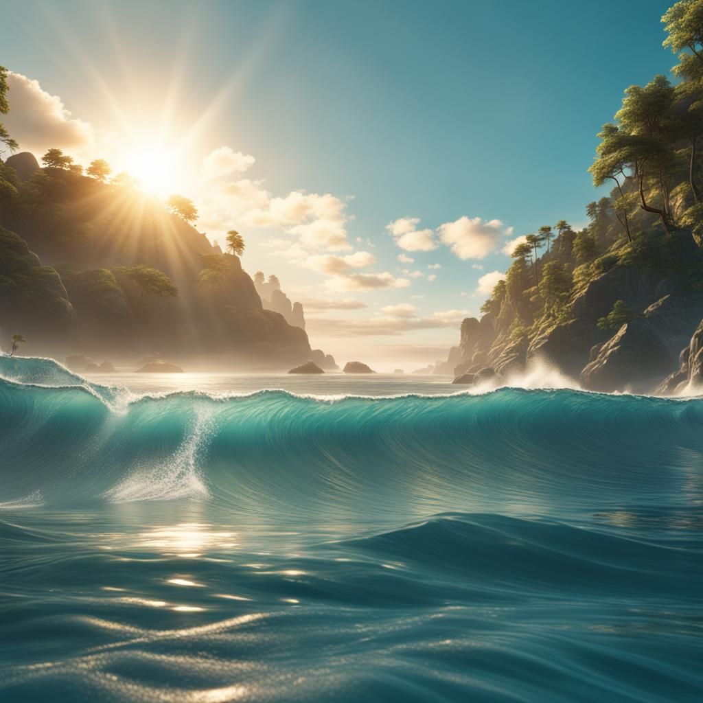 Sunbeams Through Blue Waves, Digital Art