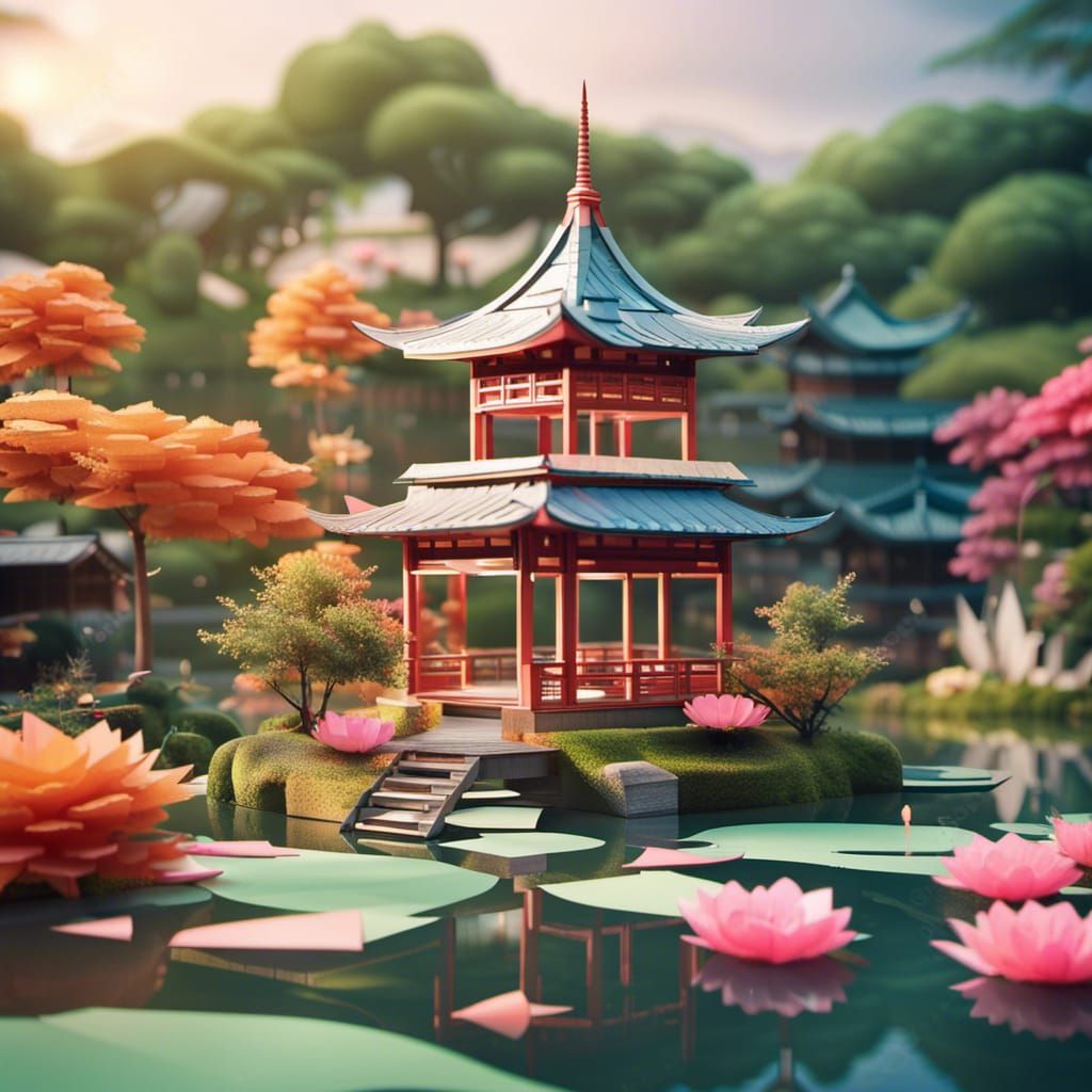 Asian Pagoda in Floating Garden: Origami Papercraft
