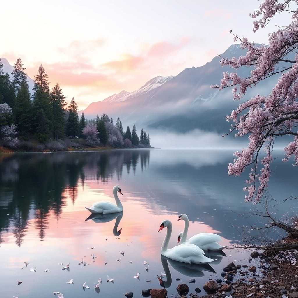 Serene Mountain Lake with Swans and Cherry Blossoms