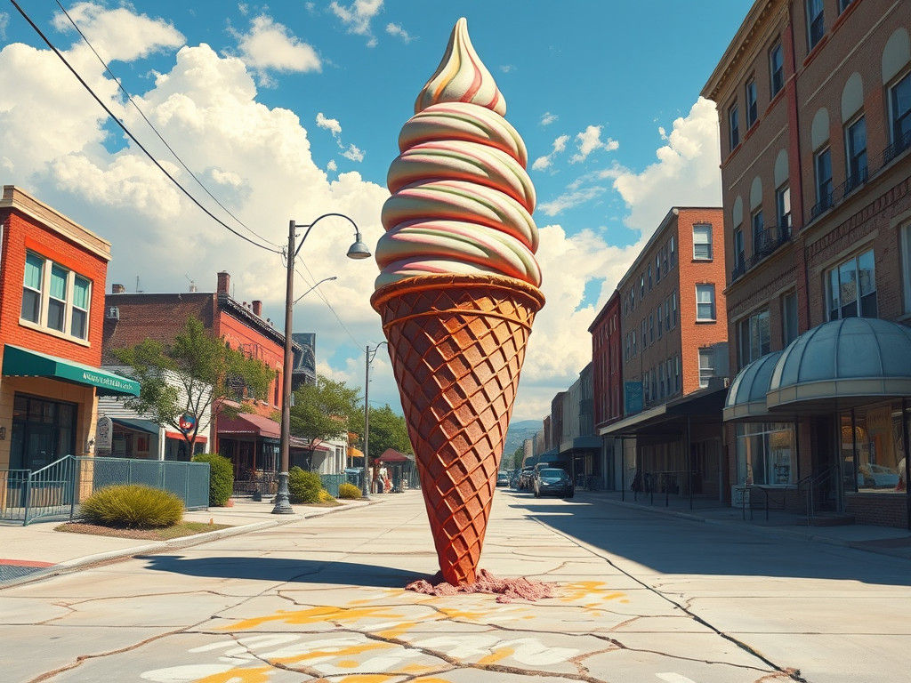 Giant Ice Cream Cone on Sidewalk, Surreal Art