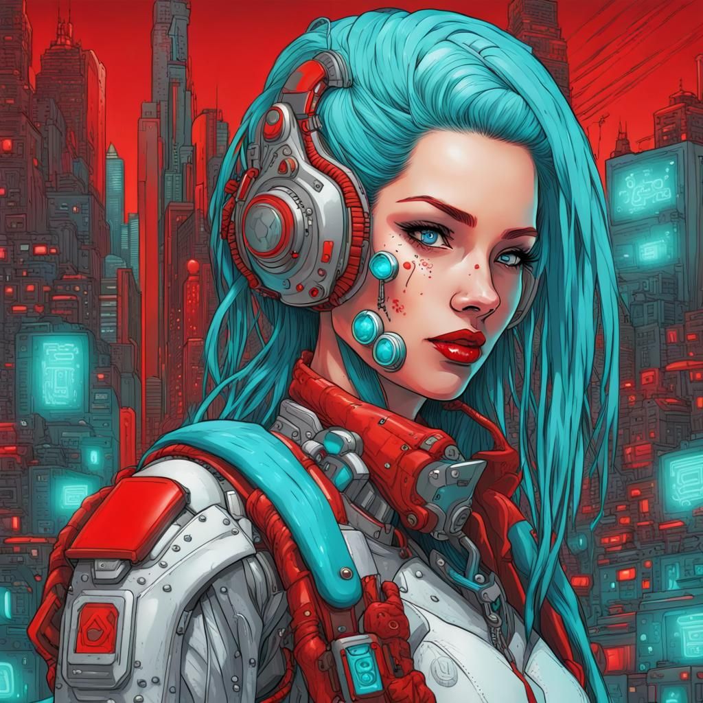 Cyberpunk Warrior Woman in Neon Cityscape