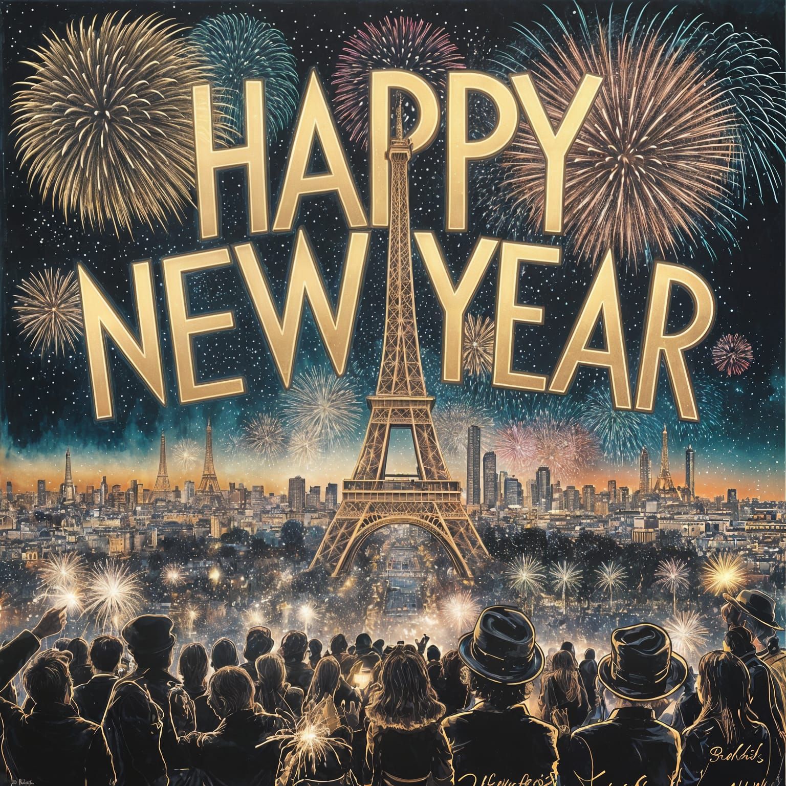 Paris Skyline Celebrates Happy New Year with Eiffel Tower an...