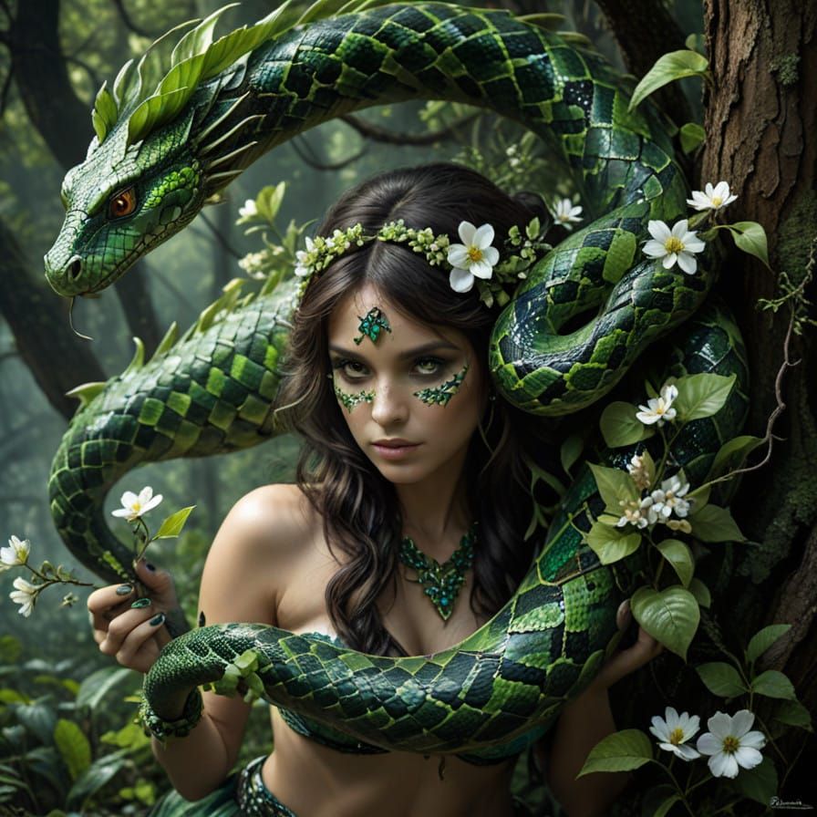 Serpentine Goddess in a Forest of Intense Blooms and Darknes...