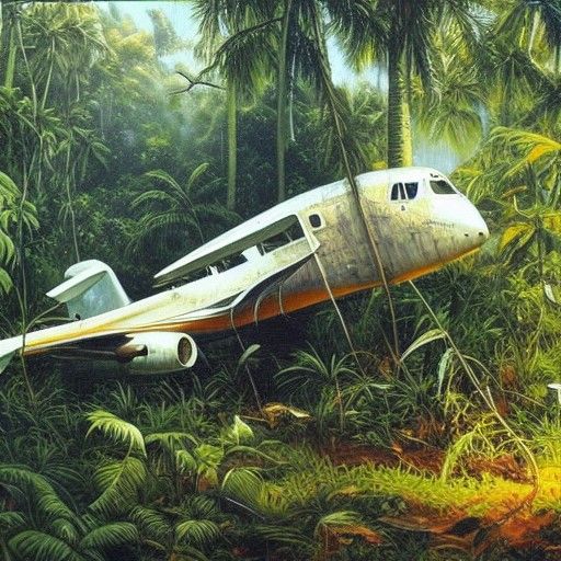 Jungle Plane Crash in Oil Painting Style