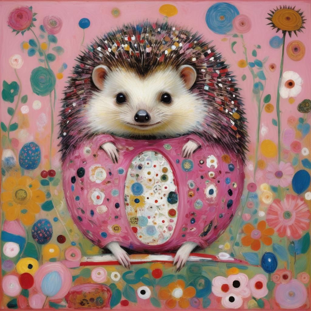 Pink Hedgehog Inspired by Klimt and Ensor