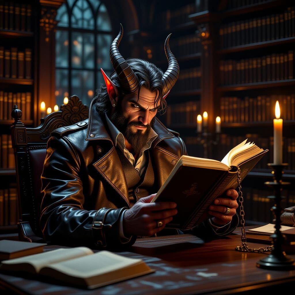 Winged Demon Reads Chained Book by Candlelight