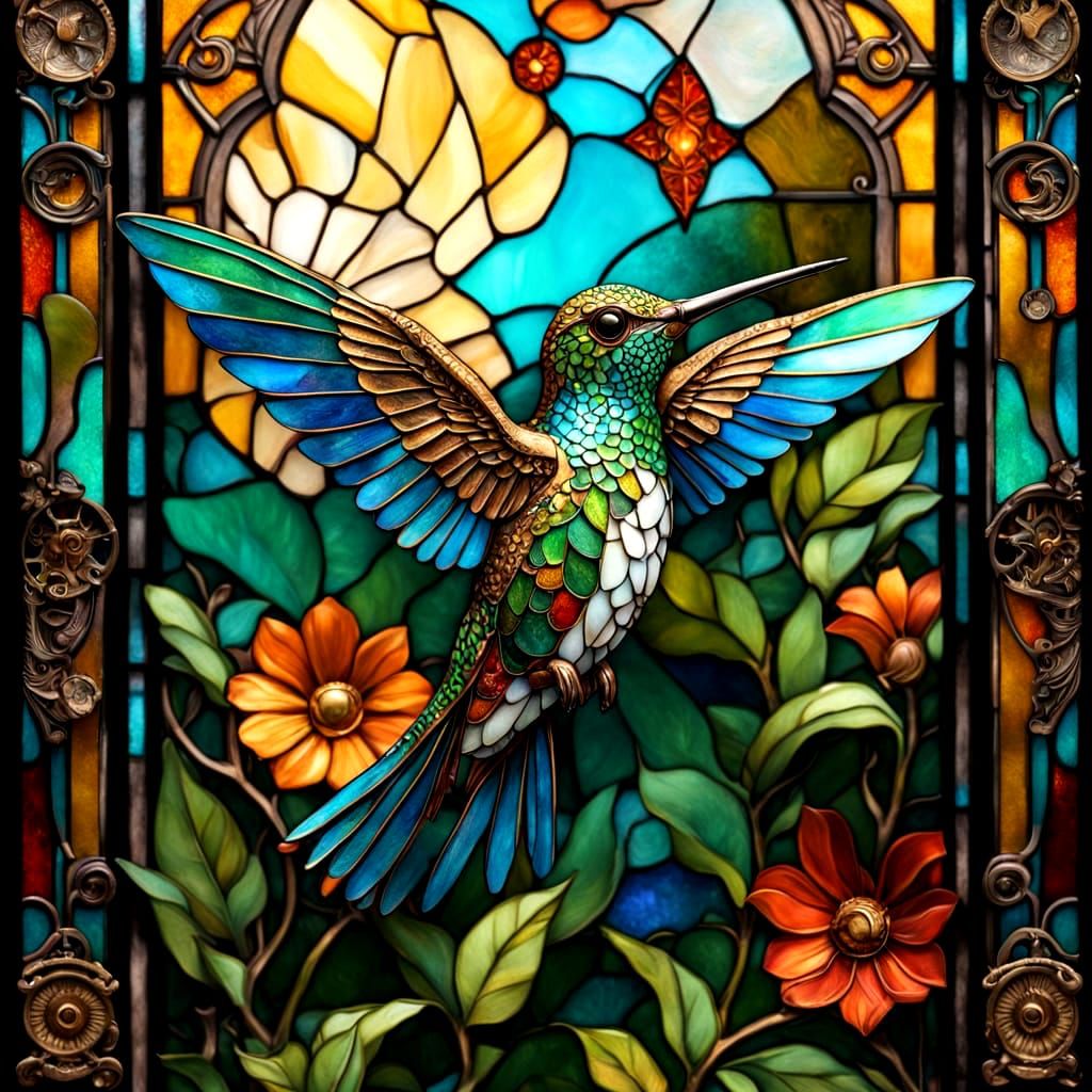 Mechanical Hummingbird with Stained Glass, Art Nouveau Style