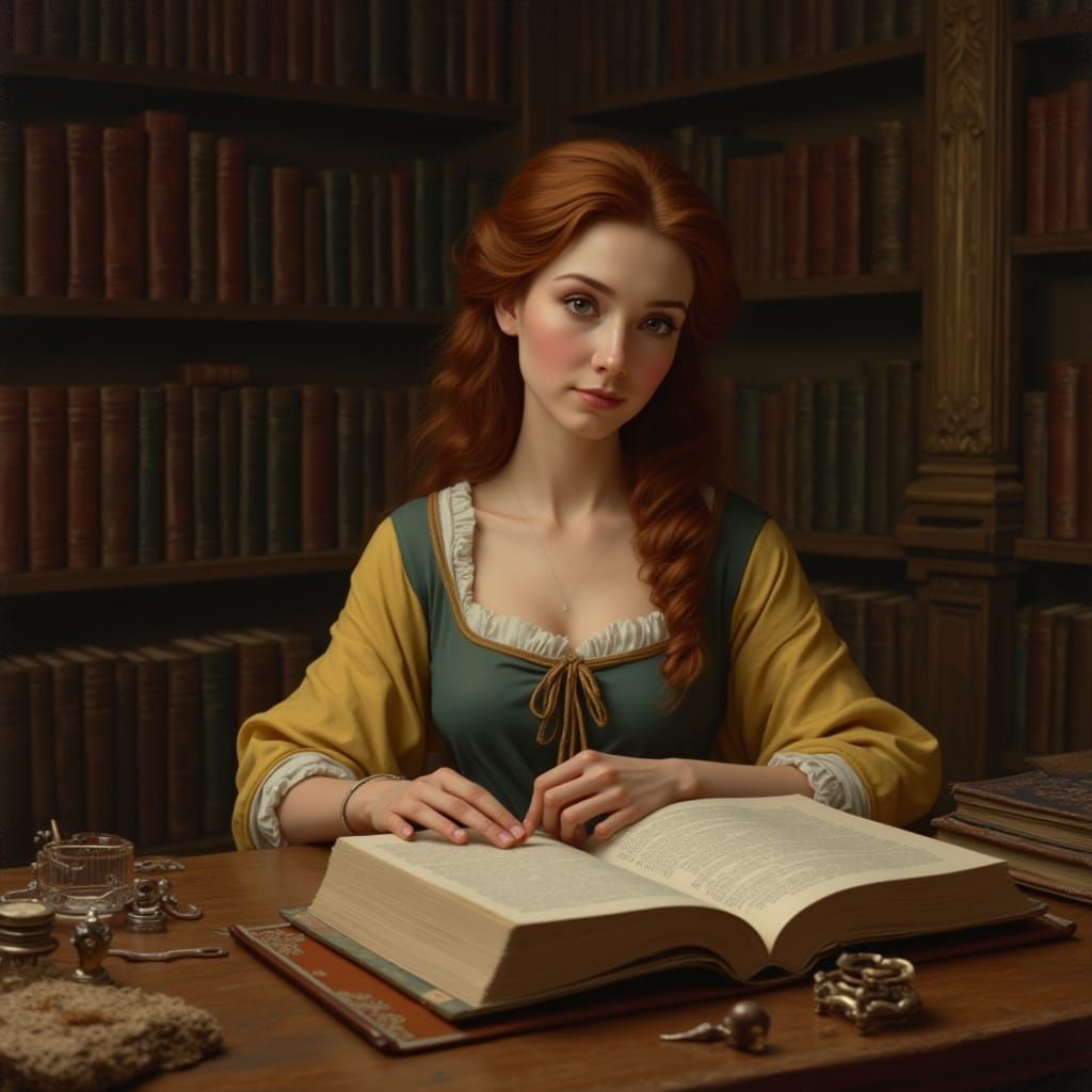 Belle as Book Restorer in Rembrandt Style