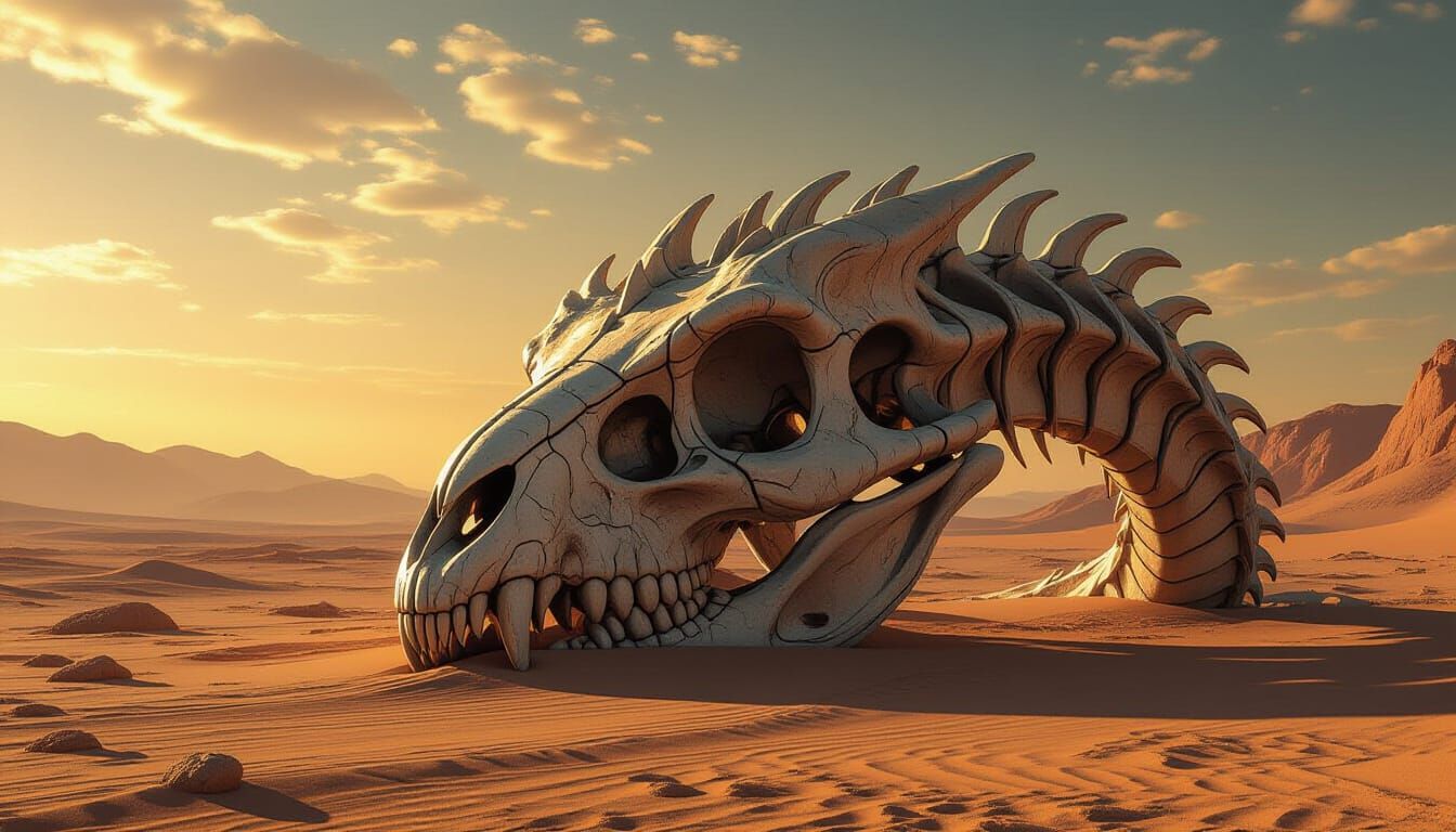 Ancient Dragon Skull in Alien Desert Under Binary Sunset