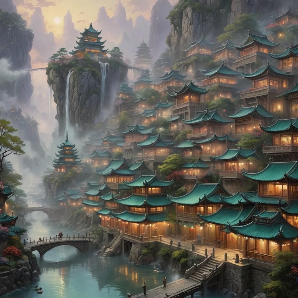 Jadepunk Cityscape with Asian Architecture