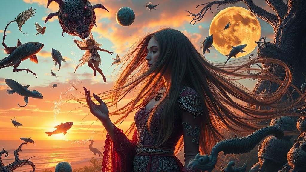 Woman in Surreal Simulation with Mythical Creatures