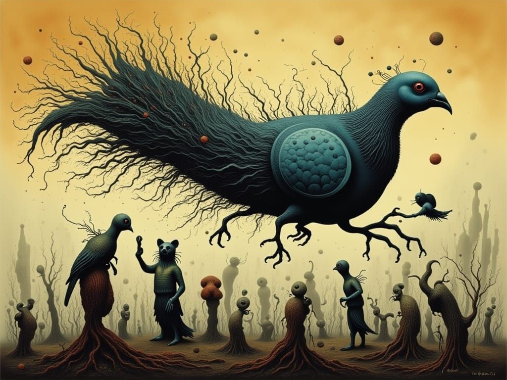 Giant Pigeon Destroys Statue Field Under Brown Sky