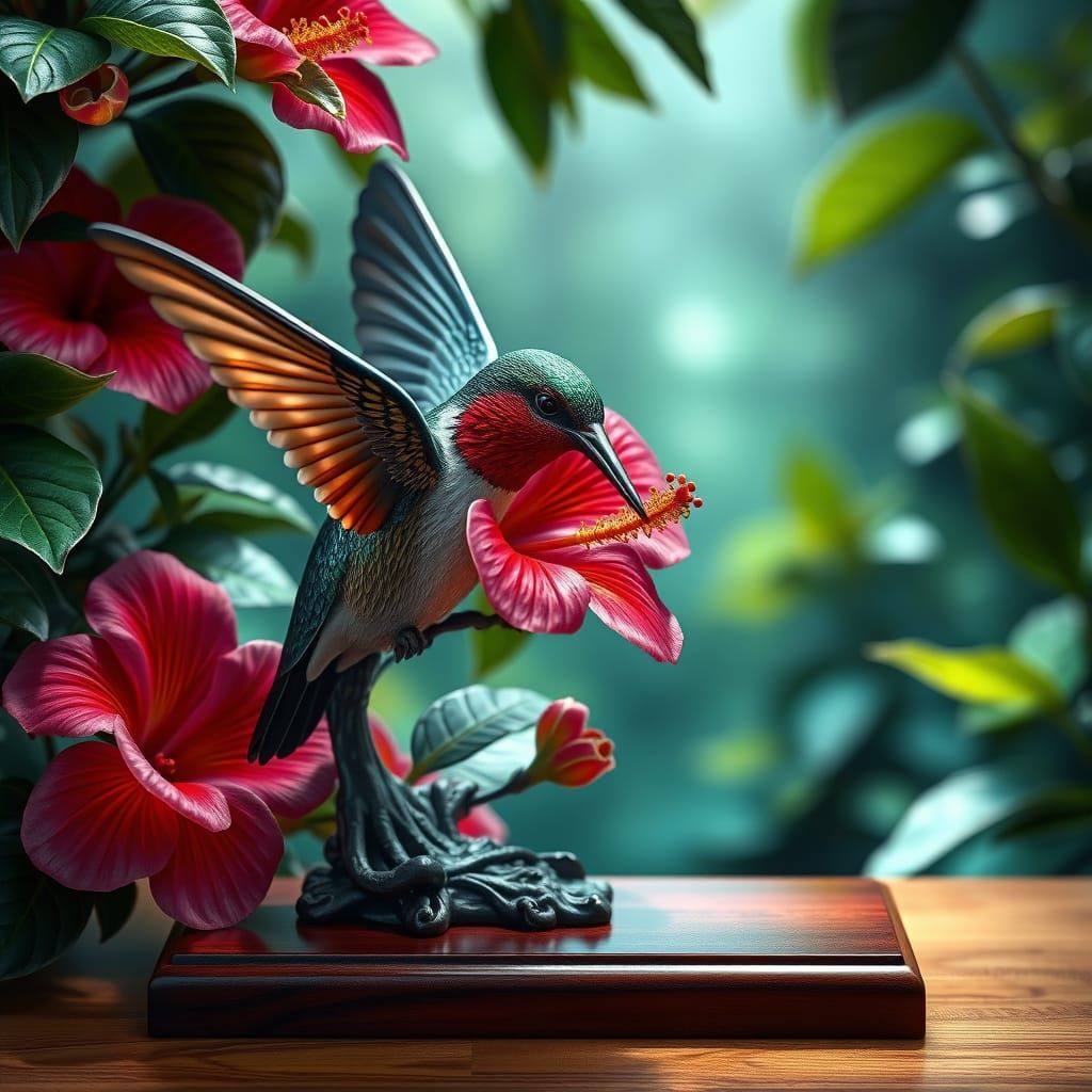 Porcelain Hummingbird with Hibiscus Flower, Hyperrealistic S...