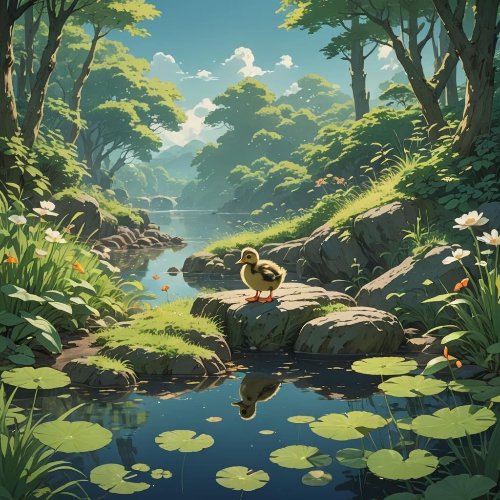 Cute Duckling in Studio Ghibli Anime Style