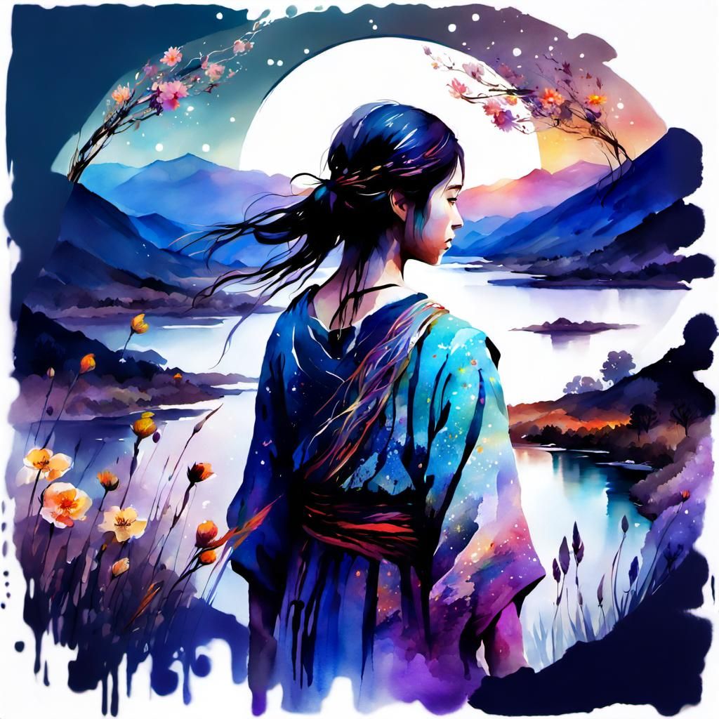 Watercolor River Through Countryside at Night